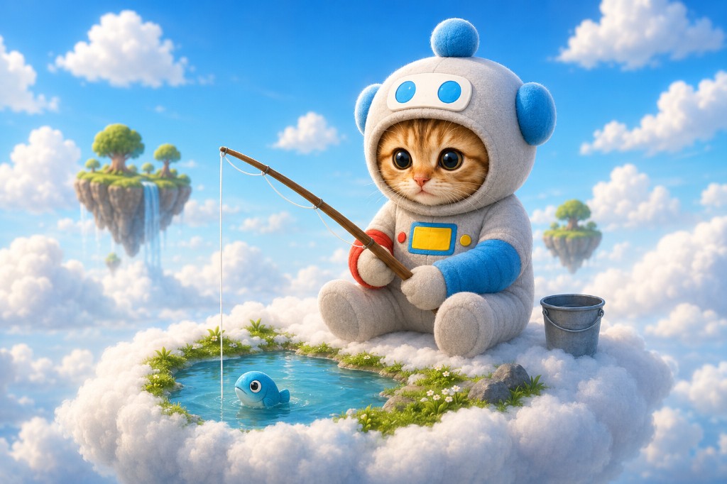 CAT mascot fishing on a cloud island